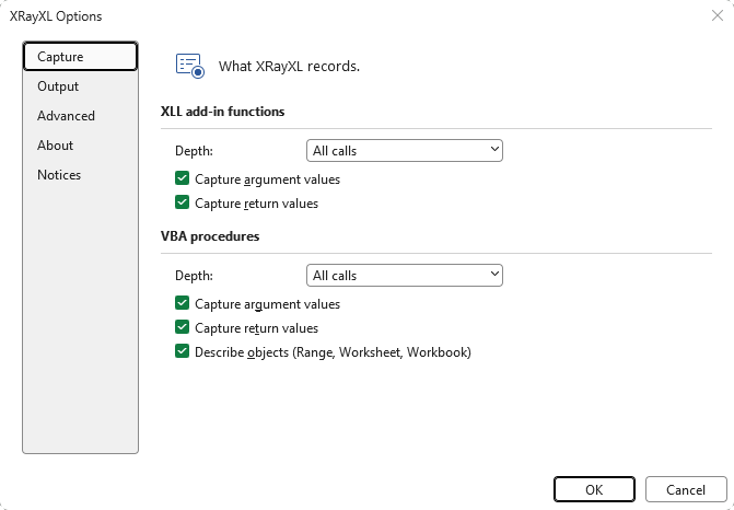 The XRayXL Options dialog, open on its Capture page. XLL add-in functions and VBA procedures each have a Depth dropdown set to All calls, with tickboxes for capturing argument values and return values, and for VBA a further tickbox for describing Range, Worksheet and Workbook objects.