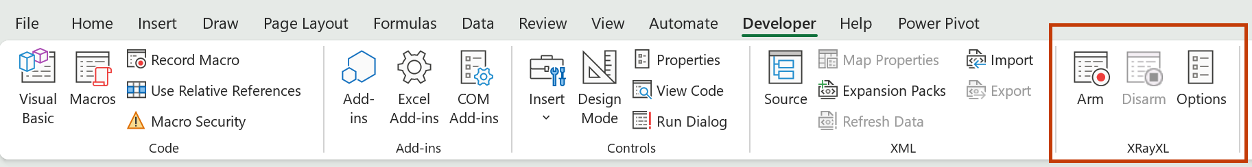 Excel's Developer tab, with an XRayXL group added at the far right holding three buttons: Arm, Disarm and Options. Disarm is greyed out because no session is running.