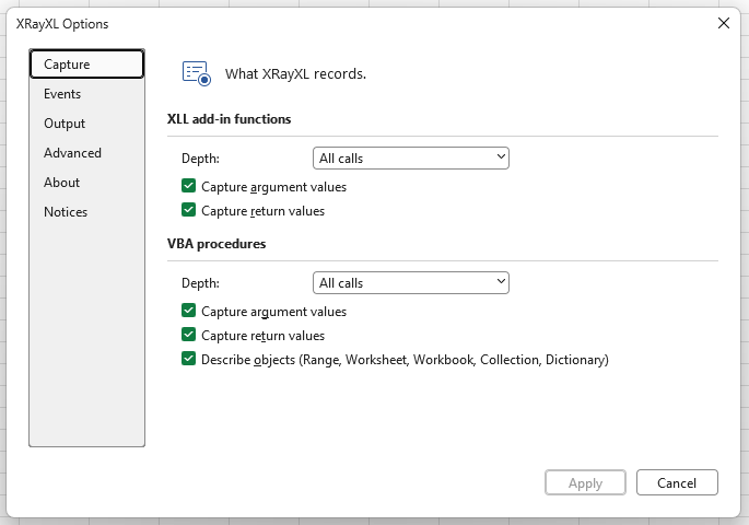 The XRayXL Options dialog on its Capture page: XLL add-in functions and VBA
procedures each with a depth dropdown set to All calls, tickboxes for capturing
argument and return values, and for VBA a tickbox for describing objects