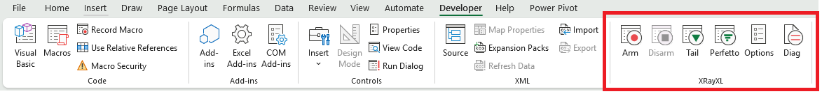 The XRayXL group at the far right of Excel's Developer tab, with Arm, Disarm,
Tail, Perfetto, Options and Diag buttons
